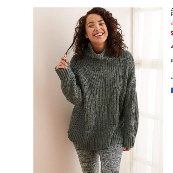 aerie - Oversized Chenille Turtleneck Sweater | Size Medium | Green Sage - Picture 4 of 6